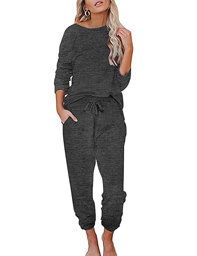 Ekouaer Sleepwear Set Womens Long Sleeve Crew Neck Loungewear Stylish Two Piece Pajama Sets Dark Grey, Small, 31.99,