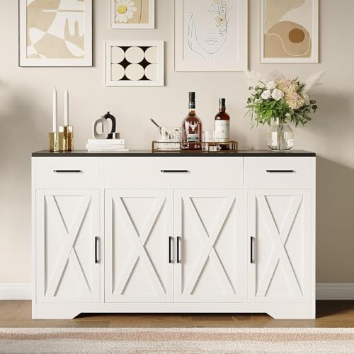 55 Inch Farmhouse Sideboard Buffet Cabinet with Storage & 3 Drawe...