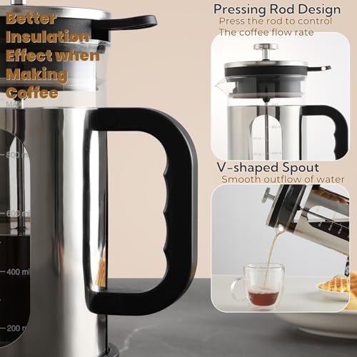 CHDEXU French Press Coffee Maker 34 oz, 1000ml Borosilicate Glass Stainless Steel Coffee Brewer with Reusable Filters Portable Coffee Press for Kitchen Travel Camping - Image 4