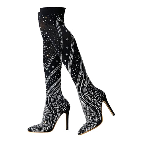 Trendenzy Sparkly Rhinestone Over The Knee Sock Boots Pointed Toe Stiletto High Heeled Thigh High Stretch Boots for Women Sexy