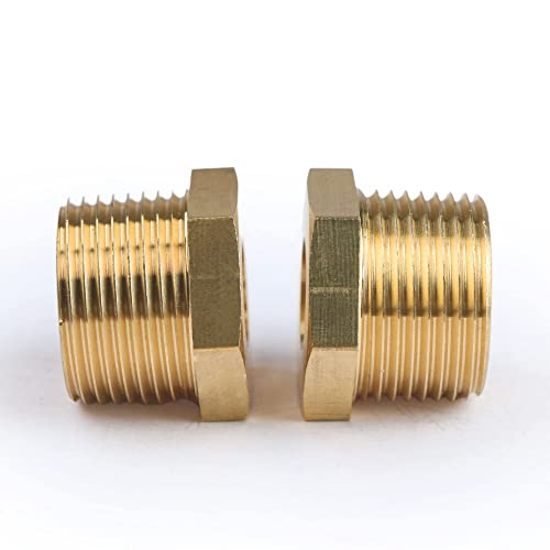 U.S. Solid 2pcs Brass Reducer Hex Bushing Brass Threaded Pipe Fitting 3/4\" NPT Male x 1/4\" NPT Female Adapter