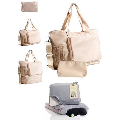 Memory Foam Neck Pillow & Blanket Set, Travel Kit with Sleep Mask, Earplugs, Large Duffle Bag, Portable Airplane Travel Essentials, Beige/Grey
