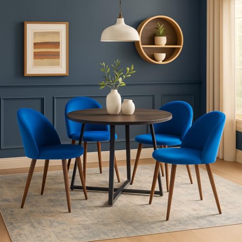 Image of 5-Piece Modern Round Dining Table Set, 35'' Wooden Table with 4 Velvet Upholstered Chairs, Compact Space-Saving Furniture for Small Apartments, Kitchens, and Dining Rooms (Gray Top, Blue)