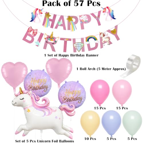 Image of Rozi Decoration Unicorn Birthday Balloon Decoration Kit for Girls - Set of 57 Pcs