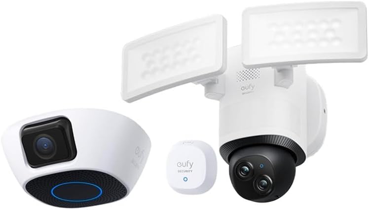 eufy Security Smart Garage-Control Cam E110 with Sensor, Garage Door Opener Camera+ Floodlight Camera E340 Wired, Security Camera Outdoor, 360° Pan & Tilt, 24/7 Recording, Built-in Siren, Dual Cam