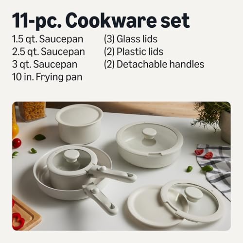 Image of Amazon Basics Ceramic Nonstick Cookware Set with Detachable Handles, 11-Piece Stackable, All Cooktop Friendly, Oven-Safe, Dishwasher-Safe, Includes Saucepan, Frying Pan, Ivory