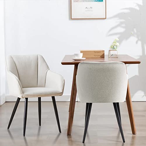 LEMROE Juego de 2 sillas de comedor acolchadas de lino con respaldo y reposabrazos. Sillón de recepción vintage con patas de metal para salón restaurante