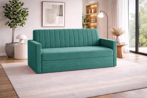 Image of Rosebell Foldable Sofa-Cum-Bed | Three-in-One Convertible Couch with Armrest | Modern Fabric Sofa for Living Room, Bedroom & Office - Green Color