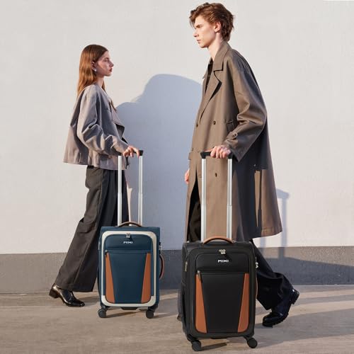 mixi Valise à main extensible de 20 pouces avec poche avant, valises de voyage légères à roulettes approuvées par les compagnies aériennes 22x14x9 avec roulettes et TSA (bleu foncé-blanc cassé) – Image 2