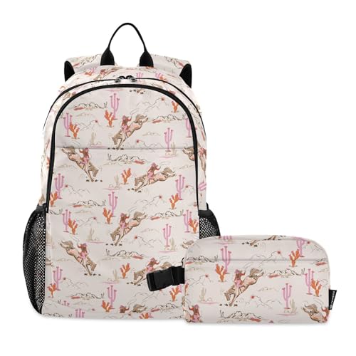 Emelivor Western Cowgirl Cactus Pink Kids Backpack for Girls Boys School Bookbag with Insulated Lunch Box for Elementary Primary Schooler School Backpack