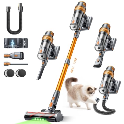 55KPA/650W Aspiradora sin Cable Potente, 70Min(ECO) Aspirador Escoba Vertical con Modo Automático, Cepillo Anti-Enredo, Manguera de 1M y Luz LED, Ideal para Pelo de Mascotas, Alfombras y Coche