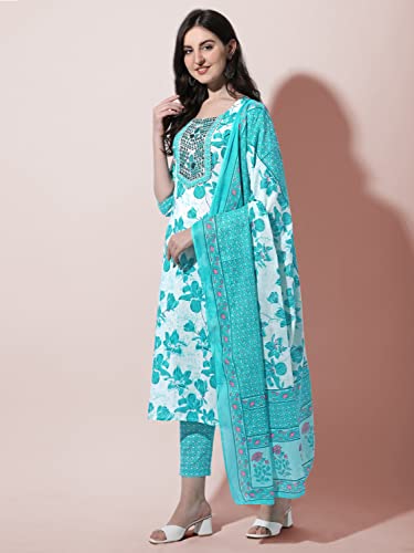 Image of MIRCHI FASHION Pure Cotton Floral Kurta Set for Women with Dupatta & Pant | 3 Piece Straight Fit Ethnic Outfit | Breathable Summer Salwar Suit