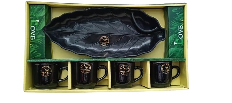 Image of Ceramic Leaf Tray Cup Set | 4 Black Cup Set