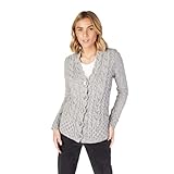 IrelandsEye アイリッシュ セーター カーディガン 女性用 アランメリノウールカーディガン ボタン付き アイルランド製, ライトグレー, Large