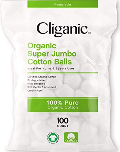 Cliganic Organic SUPER JUMBO Cotton Balls (100 Count) - Biodegradable, Hypoallergenic, Absorbent, Large Size, 100% Pure