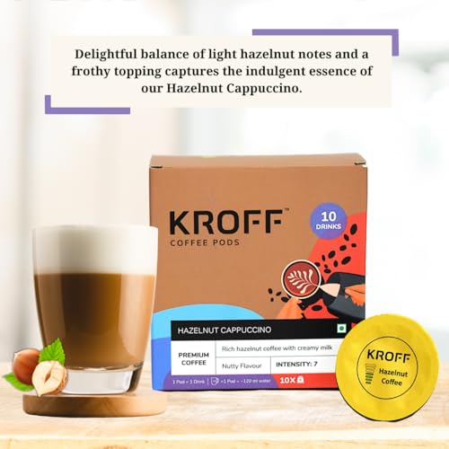 Image of KROFF Hazelnut Cappuccino Coffee Pods | Rich Hazelnut Coffee with Creamy milk | 10 Pods Per Box | Dolce Gusto Compatible