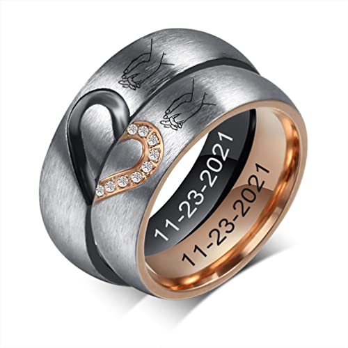 Personalized Engraved Couple Ring Set for Him Her Black & Rose Gold Plated Stainless Steel Heart Puzzle Cubic Zirconia Domed Wedding Band Promise Ring for Girlfriens Boyfriend,Size 5-12