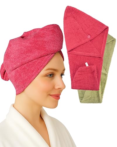 Textila 100% Cotton Hair Wrap Towels for Women (Pack of 2 Raspberry & Green) Soft & Absorbent Turban Towels for Long Curly Frizz-Prone Hair