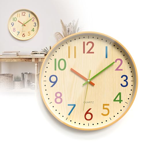 Orologio da parete per bambini, 30 cm, orologio da parete per bambini, senza ticchettio, funzionamento a batteria, orologio decorativo in legno, con numeri arabi colorati, silenzioso, per ragazzi e