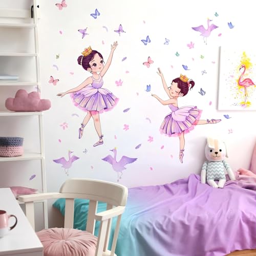 Butterfly Girl Wall Stickers,Swans Flower Princess Wall Decal,Pink Floral Wall Mural Colorful Butterflies Wall Decor