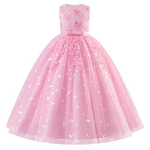 IBAKOM Girls Princess Dress: Sleeveless Sparkle Sequins 3D Flower Ruffle Tulle Tutu Flower Girl Dress - Birthday Wedding Party Ball Gown Pink-B 120