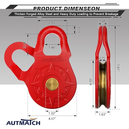AUTMATCH Winch Snatch Block 18 Ton - Winch Pulley (79,366 Lbs) Break Strength, Heavy Duty Off Road Recovery Towing Pulley Blocks for Synthetic Rope or Steel Cable, Truck, UTV, ATV, Red by AUTMATCH - Image 3