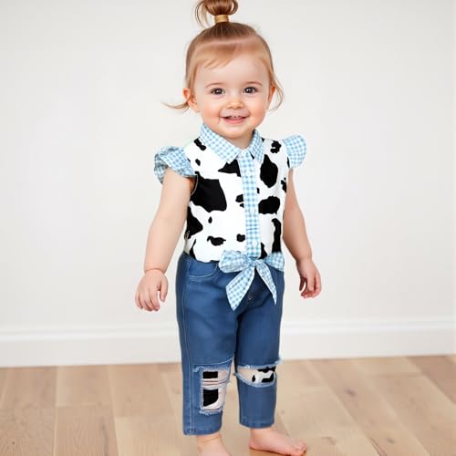 Emmababy Toddler Cowgirl Denim Outfit Cow Print Plaid Shirt Button Down Top Pants Set Ripped Jeans Western Baby Girl Clothes3