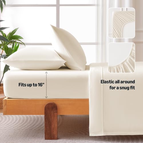 Image of Amazon Basics Jersey Knit 4-Piece Sheet Set, Wrinkle Resistant and Easy Fit, Includes 16 inch Deep Pocket Fitted Sheet, 1 Flat Sheet and 2 Pillowcases, Full, Ivory White