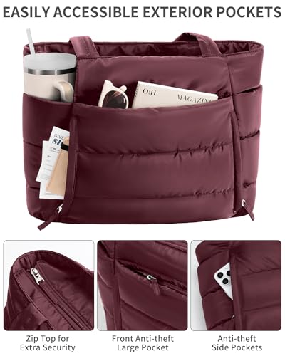 Image of Bagstellar Puffer Tote Bag for Women, Lightweight Puffy Work Handbag Teacher Nurse Quilted Shoulder Bag for School Travel Gym | Cloud Bag w / Zipper