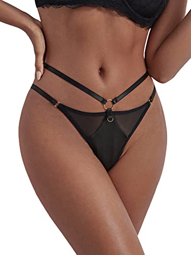 Soly Hux Women's Sexy Cut Out Mesh Thongs Underwear Panties Solid Black Mesh M #TOP14