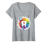 Damen Regenbogen Zahn Herz Zahnarzt Dentalhygiene Praxis T-Shirt mit V-Ausschnitt