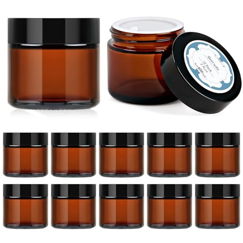 Qeirudu 2 Oz Small Amber Glass Jars with Black Lids, 12 Pack Airtight Cosmetic Jars with Inner Liners Round Empty Sample Containers for Lotions, Creams, Candles, Body Butters, Essential oil