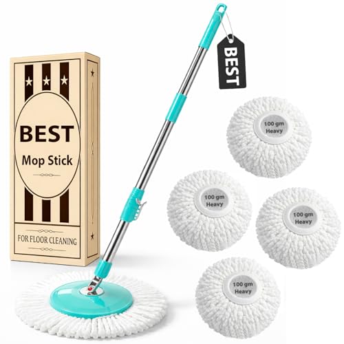 Image of Premium 360 Spin Mop Stick Rod with Stainless Steel Handle | Adjustable & Extendable Mop Handle | Heavy Duty Rust-Proof Floor Cleaning Rod Compatible with Spin Mop Refill - 4 Refill