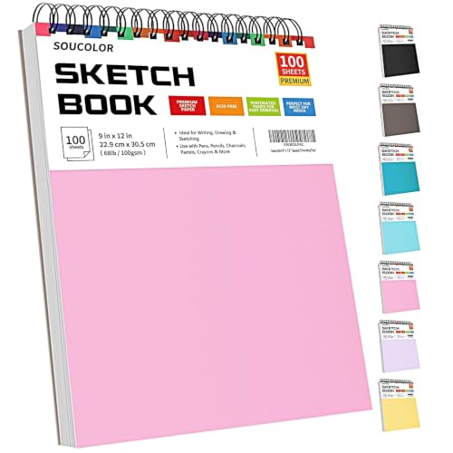 Image of Soucolor Cute Sketch Book 9 inch x 12 inch Drawing Paper,Pink Teen Girls Sketchbook | 100 Sheets,68lb Acid-free paper,No Bleed-through,Micro-Perforated,Lay-Flat Top Spiral,Great Gift for Women,School Art