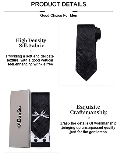 Image of DiBanGu Plaid Ties for Men Silk Checkered Necktie and Pocket Square Cufflinks Tie Clip Set with Gift Box for Wedding Business