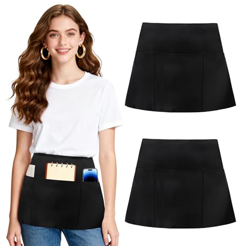 AUYAO 2PCS Waitress Apron Anti-dirt Waist Apron Short Half Work Aprons for Women Man Black Server Aprons Black Pinafore Adjustable Tie Back with Pockets for Home Kitchen Restaurant Chef Cooking Baking