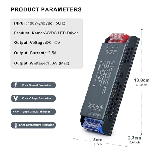 Image of QNNP LED Driver 150 Watts 12V Low Voltage Transformer Power Supply Transformer Adapter AC 100V-265V to 12V DC, LED Power Supply for Indoor Lighting