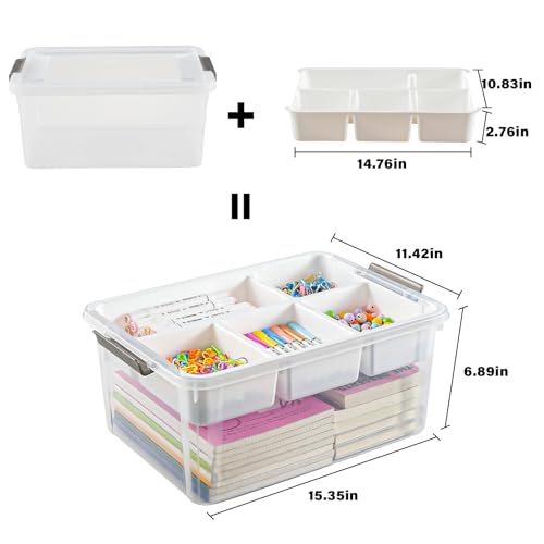 Image of Stebopum 17 QT Plastic Storage Box with Removable Tray Art Supply Craft Organizers and Storage Stackable Storage Container for Organizing Bead, Tool, Sewing, Book, Crayon, Playdoh(Clear)