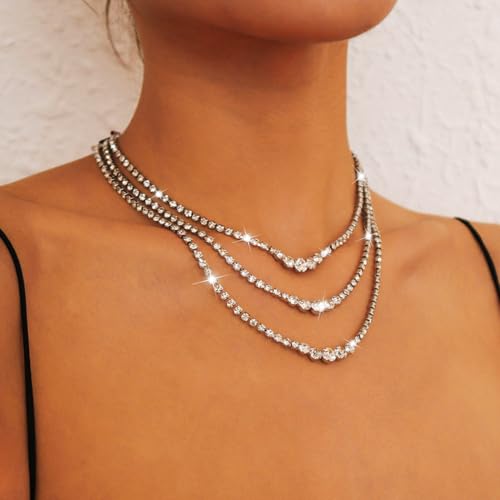 Sixexey Layered Rhinestone Necklaces Silver Crystal Necklace Chains Sparkly Party Necklace Jewelry for Women3