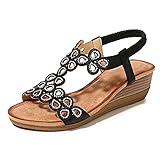Meeshine Women's Wedge Sandals Summer Casual Bohemian Beach Rhinestone Platform Shoes Black US 8.5