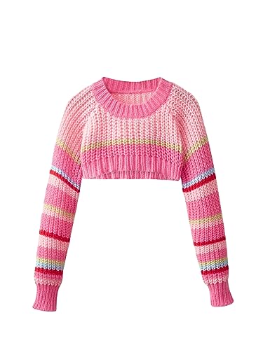 WDIRARA Girl's Striped Colorblock Round Neck Long Sleeve Crop Sweater Knit Pullovers