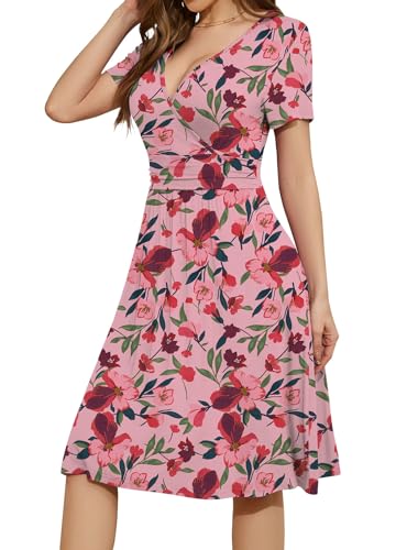 Image of WEACZZY Women's Summer Short Sleeve Casual Dresses V-Neck Floral Party Dress with Pockets