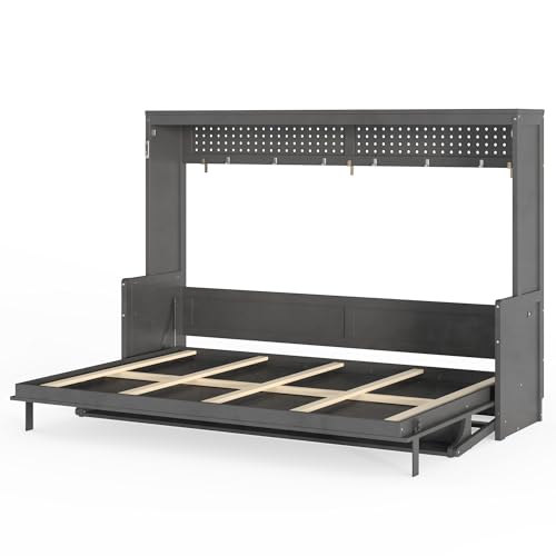 Image of KEIKI Queen Size Horizontal Cabinet Murphy Bed with Desk, Solid Slats, Gray