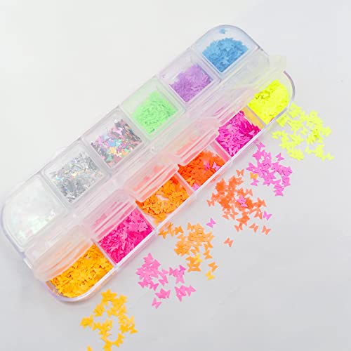 Lifextol 36 Gridsfluorescent Butterfly Nail Chunky Glitter Sequins,Heart And Hollow Star,Confetti Nail Resin Crafts Nail Accessories With Tweezers Manicure Decoration（Fluorescence Series） #TOP5