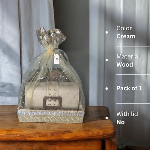 Image of (Small, 8x8x2 inch, Square, Beige-Stone Lace) MDF Base Designer Gift Hamper Packaging Baskets with Net Cover, Gift Hamper Organiser Perfect for Any Occasion