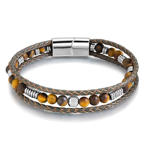 Pulsera trenzada marrón de cuero con ojo de tigre para hombre y mujer miniatura 1