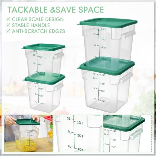 Image of Lallisa 4 Pcs 8qt & 4qt Clear Food Storage Containers with Lids Handles and Scales, Stackable Plastic Square Food Storage Containers for Dough Proofing Baking Kitchen Restaurant(Green)