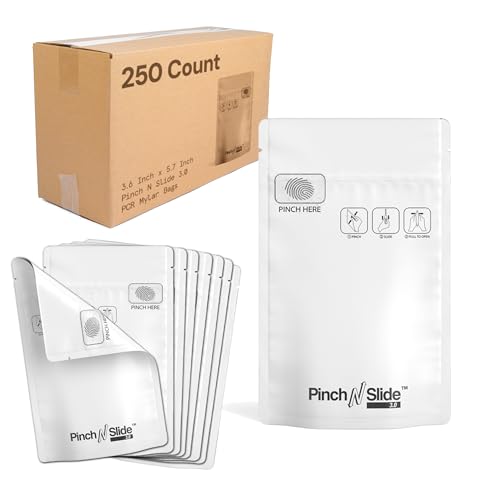 250 Pcs - 3.6 Inch x 5.7 Inch Pinch N Slide 3.0 PCR Smell Proof Mylar Bags – Child Resistant & Tamper Evident - 1/8th Ounce (3.5 Grams) (Matte White)