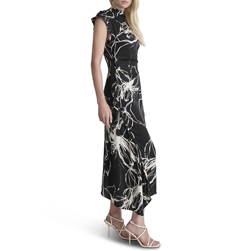 DKNY Women's Sleeveless Mock Neck Ruched Bodice Asymmetrical Hem Maxi Dress3