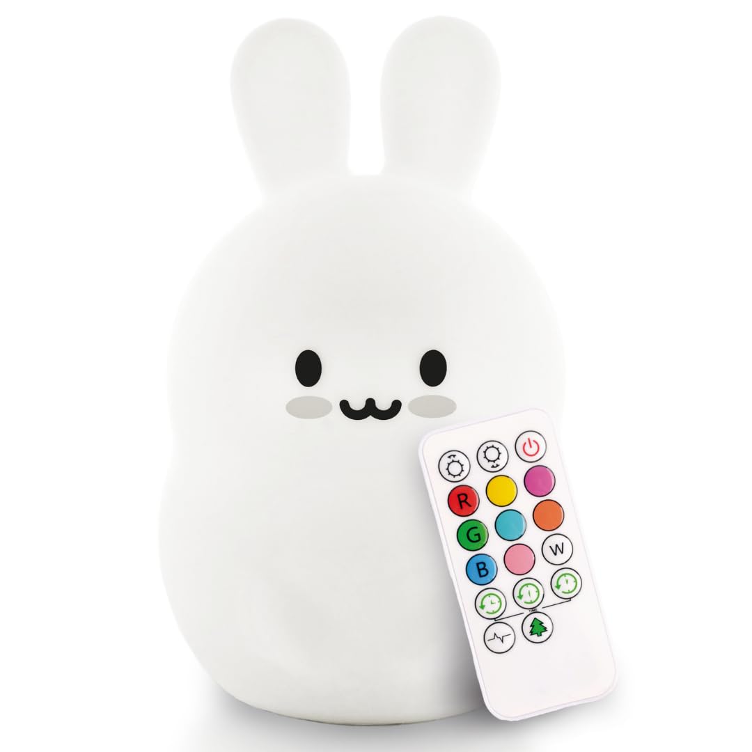 Lumipets Baxter The Bunny Squishy Night Light for Kids | Silicone Lamp with Tap & Remote Control | Rechargeable Color Changing Animal Night Light for Boys & Girls | Portable Nightlight with USB Cord